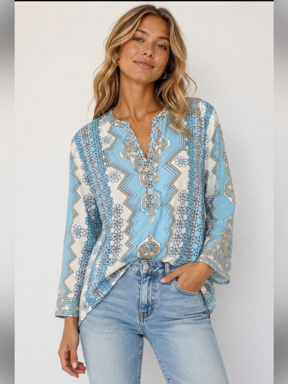J. McLaughlin Women’s Tunic Top Blue Geometric Print Long Sleeve Size Small
